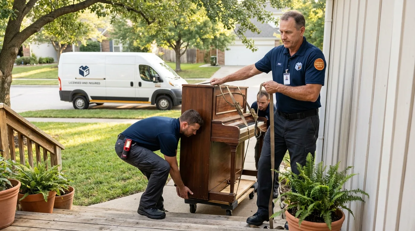 Licensed piano movers securing grand piano in Franklin, NE