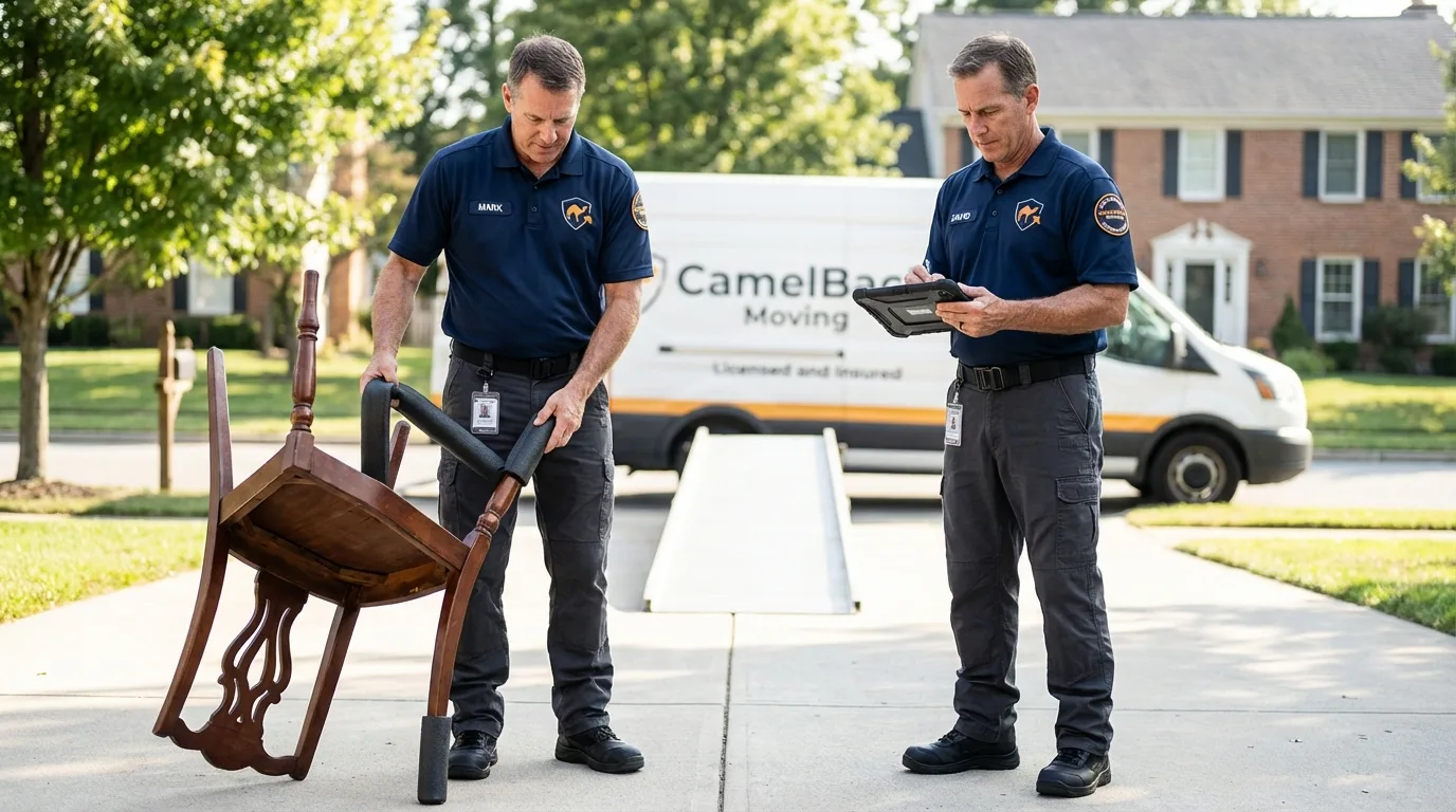 Movers inspecting furniture for damage prevention before loading in Franklin, NE