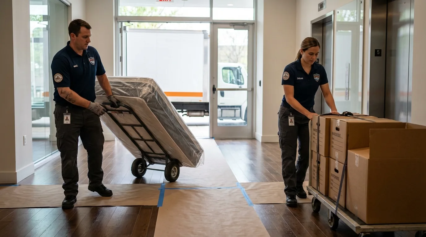 Professional apartment movers loading elevator in Franklin, NE